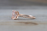 14k Rose Gold Elongated Cushion Cut Pink Peach Morganite Prong Engagement Promise Ring Rope