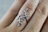 14k White Gold Diamond Open Leaf Petal Vintage Design Ring Fashion Love Cocktail large Adjustable Elongated