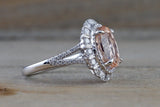 18k White Gold Oval Pink Peach Morganite Diamond Halo Split Shank Engagement Promise Wedding Anniversary Ring 11x9