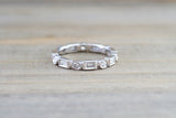 14k White Gold Brilliant Cut and Emerald Cut Diamond Eternity Band with Milgrain Stacking Stackable