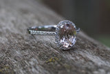 14k White Gold Oval Pink Peach Morganite Halo Bezel Diamond Engagement Promise Ring