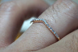 14k Rose Gold V Groove Curve Dainty Thin Diamond Wedding Engagement Band Brilliant Cut Ring