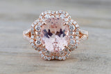 14k Rose Gold Oval Morganite Diamond Double Halo Engagement Ring Vintage Crown Dainty