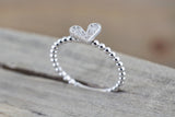 14k White Gold Dainty Heart Ring With Round Cut Diamonds Bead Design Promise Ring Anniversary Band Vines Filigree Milgrain Etching