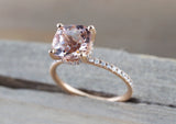 14k Gold Dainty Cushion Morganite Under Hidden Halo Diamond Ring 8mm ASPER1430028