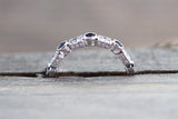 18K White Gold Vintage Classic Multi Side Face Diamond with Sapphire Ring Wedding Engagement Ring Milgrain Etching Band