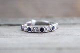 18K White Gold Vintage Classic Multi Side Face Diamond with Sapphire Ring Wedding Engagement Ring Milgrain Etching Band