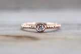 14k Solid Rose Gold Round Bezel Diamond Ring Engagement Wedding Fashion Stack Band Hammered Dainty Textured