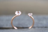 14k Solid Rose Gold Double Heart Love Diamond Ring Engagement Wedding Open Stack Band Hammered Dainty Textured Midi Adjustable Micro Pave