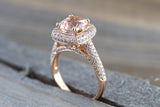 6.5mm Morganite 18k Rose Gold Pave Halo Cushion Diamond Engagement Ring Vintage