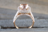 6.5mm Morganite 18k Rose Gold Pave Halo Cushion Diamond Engagement Ring Vintage
