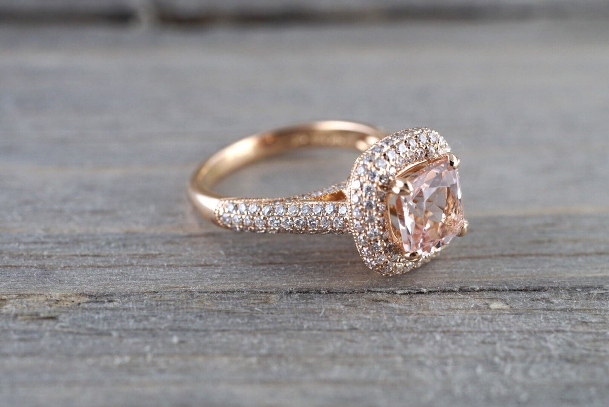 Morganite 18k Rose Gold Pave Halo Cushion Diamond Engagement