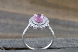 18k White Gold Oval Light Pink Sapphire Diamond Double Halo Split Shank