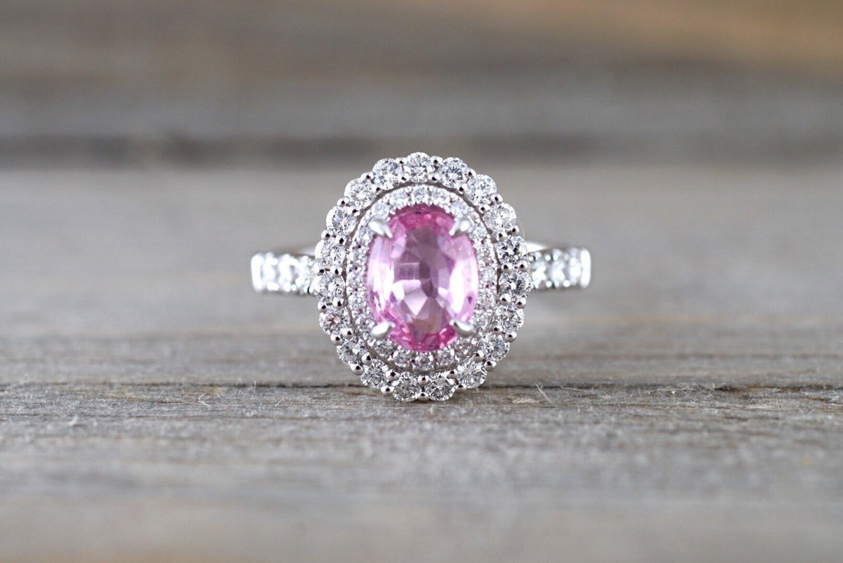 18K White Gold East West Set Oval Halo Pink Sapphire and Diamond Necklace  (6x4mm)