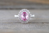 18k White Gold Oval Light Pink Sapphire Diamond Double Halo Split Shank