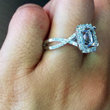 14k White Gold Diamond Emerald Cut Aquamarine Twist Infinity Love Halo Engagement Ring