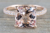 14k Rose Gold Encrusted Under Halo 3 Face 3D Diamond Cushion Morganite Ring 9x9 Solitaire M3090