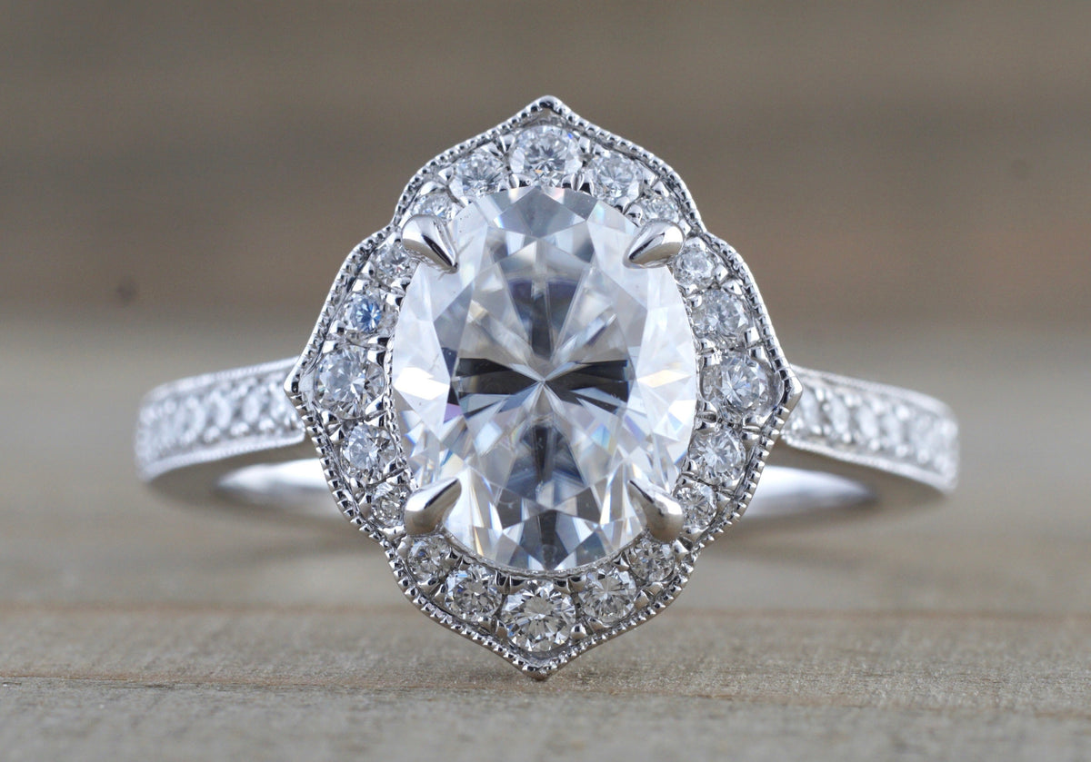 Vintage Moissanite 9x7mm Oval Diamond Halo Engagement Ring