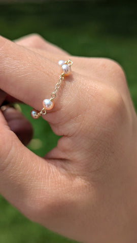 Natural pearl chain ring 14k yellow gold