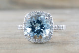 Cushion Diamond Halo Aquamarine Ring 9x9mm