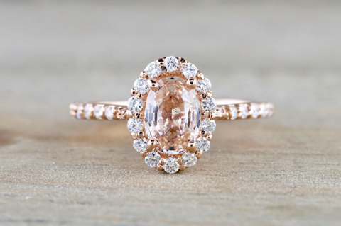 14k Rose Gold Diamond Pink Peach Sapphire Halo Engagement Ring