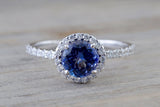 18k White Gold Round Cut Tanzanite Diamond Halo Wedding Engagement Promise Ring Anniversary Dainty Shank Purple Blue