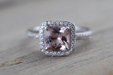 18k White Gold Diamond Cushion Halo Morganite Ring