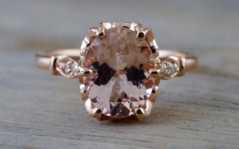 14k Rose Gold 10x8mm Oval Morganite With Round Cut Diamonds Art Deco Vintage Design Promise Ring Anniversary