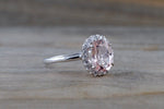 14k White Gold Oval Morganite Peach Beige Diamond Halo Engagement Ring Vintage 10mm
