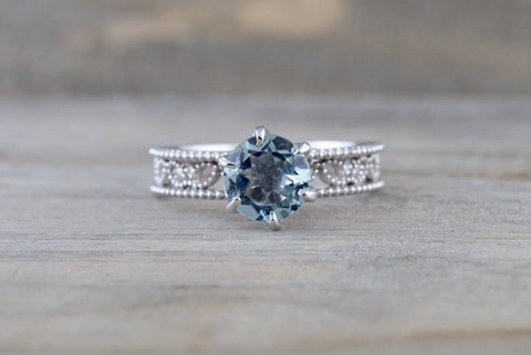 14k White Gold Round Cut Aquamarine Vintage Filigree Engagement Promise Ring Rope