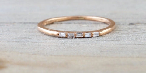 14k Yellow Gold Dainty Thin Baguette Cut Rectangle Diamond Band Stackable Design 5 diamonds