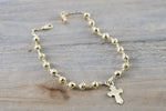 14k Yellow Gold Bead Ball Diamond Cut Charm Rosetta Cross Charm Bracelet Dainty Love Gift Fashion