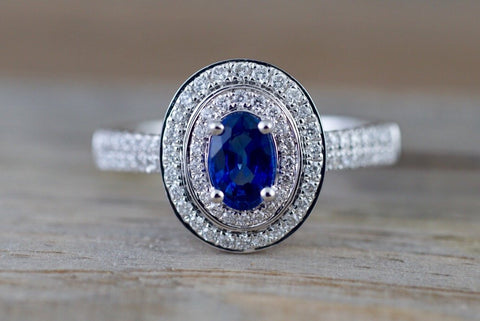 18k White Gold Oval Blue Sapphire Double Halo Diamond Ring Anniversary Halo