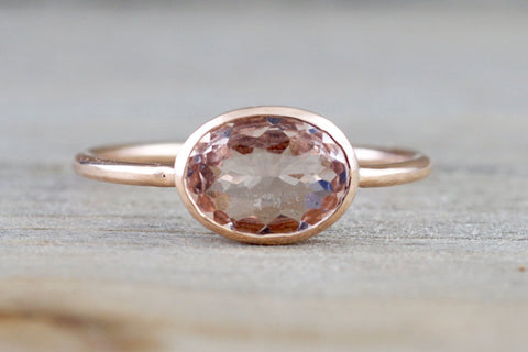 Oval Morganite 14k Rose Gold Bezel Birthstone Gemstone Stackable Ring East West