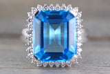 14k White Gold Blue Topaz Large Emerald Shape Diamond Halo Trillion Engagement Anniversary Ring