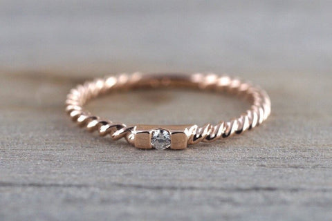 14k Solid Rose Gold Past Present Future Stackable Diamond Hammered Textured Rope Twist Band Braided Ring Dainty