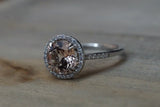 14k White Gold Round Pink Peach Morganite Diamond Halo Engagement Ring 8mm