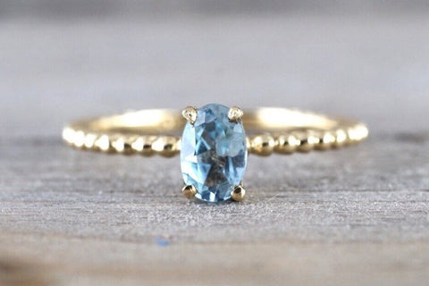 14k Yellow Gold Oval Cut Aquamarine Bead Band Design Solitaire Prong Engagement Promise Ring Rope