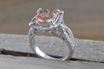 18k White Gold Cushion Cut Morganite Diamond Halo Engagement Ring Vintage Vine Checkerboard 14mm