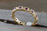 14k Yellow Gold Square Princess Cut Red Ruby FULL Eternity Gemstone Diamond Vintage Antique Classic Band Ring Style Design Art Deco Chic