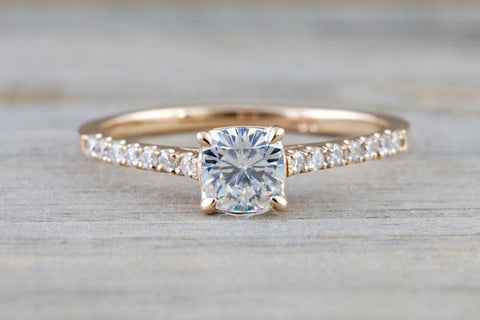 Forever One 14k Rose Gold Solitaire Cushion Moissanite Diamond Engagement Promise Ring Charles & Colvard 4.5mm