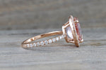 14k Rose Gold Oval Morganite And Diamond Halo Dainty Eternity 3/4 Engagement Ring Vintage Crown Dainty