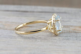 14k Yellow Gold Aquamarine Diamond Halo Engagement Love Anniversary Ring Art Deco Vintage Love Promise