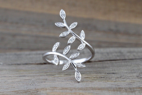 14k White Gold Diamond Open Leaf Petal Vintage Design Ring Fashion Love Cocktail large Adjustable Elongated