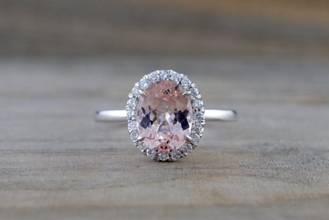 14k White Gold Oval Morganite Peach Beige Diamond Halo Engagement Ring Vintage 10mm