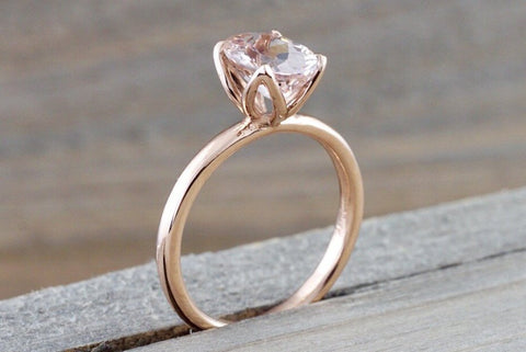 14k Rose Gold Oval Morganite Peach Pink Classic lotus flower petal Solitaire Engagement Wedding Ring Design 9x7 1.9 carats