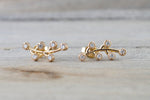 14k Yellow Gold Diamond Leaf Style Stud Earring Post Micro Milgrain Etching Curve