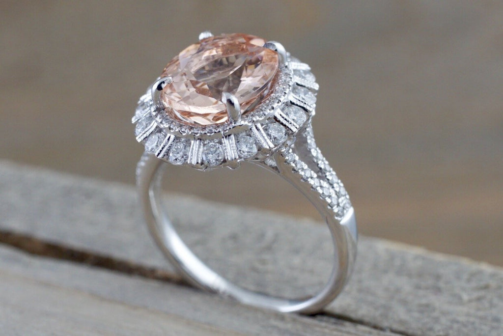 Round Morganite Diamond Engagement Ring Rose Gold Morganite Wedding Ring  Pink Gemstone Solitaire Ring