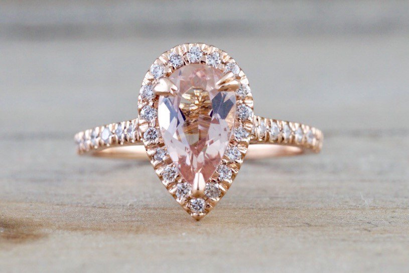 Halo Teardrop Morganite Rose Gold Ring Rose Gold Morganite Pear