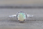 14k White Gold Round Fire Opal Diamond Halo Ring